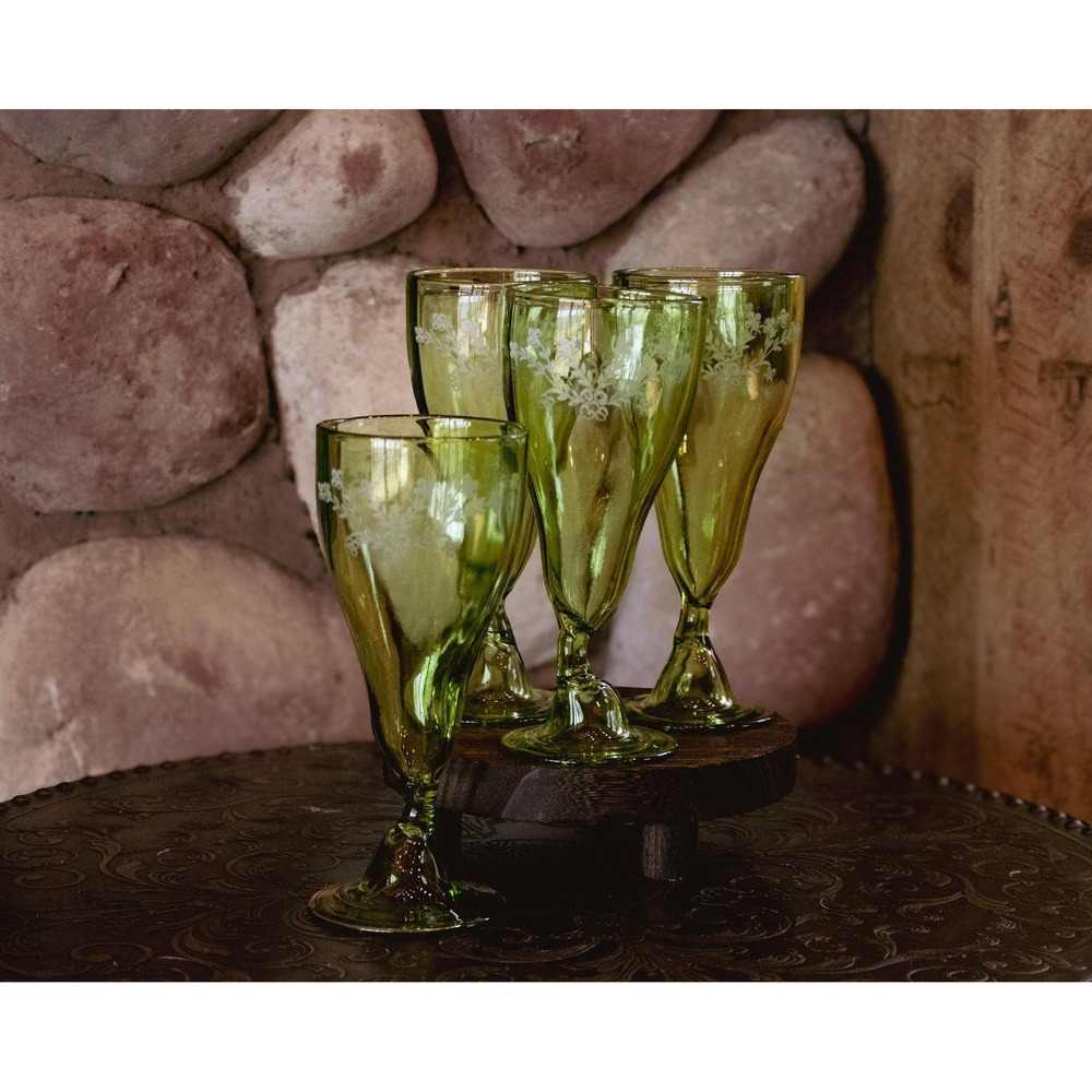 Depression Handblown Etched Green Goblets Set of 4 | Quirky Stem Footed Tumblers